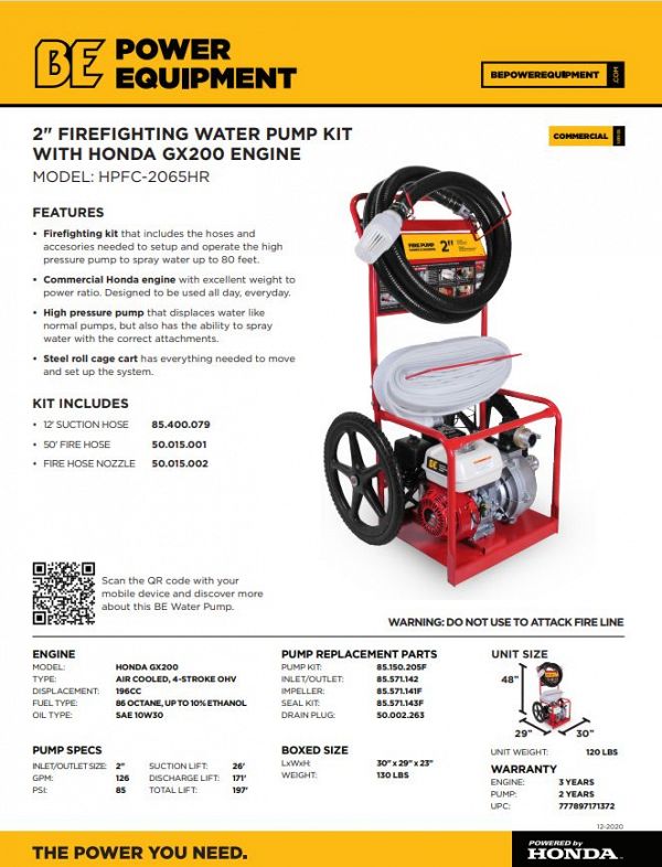 BE 2'' Firefighting Water Pump Kit With Honda GX200 Engine