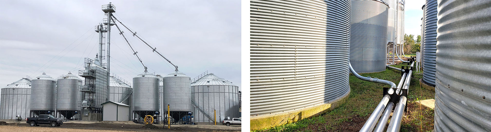 Bin Site with NECO Grain Dryer & Bucket Elevators / Walinga Pipe, Distributor