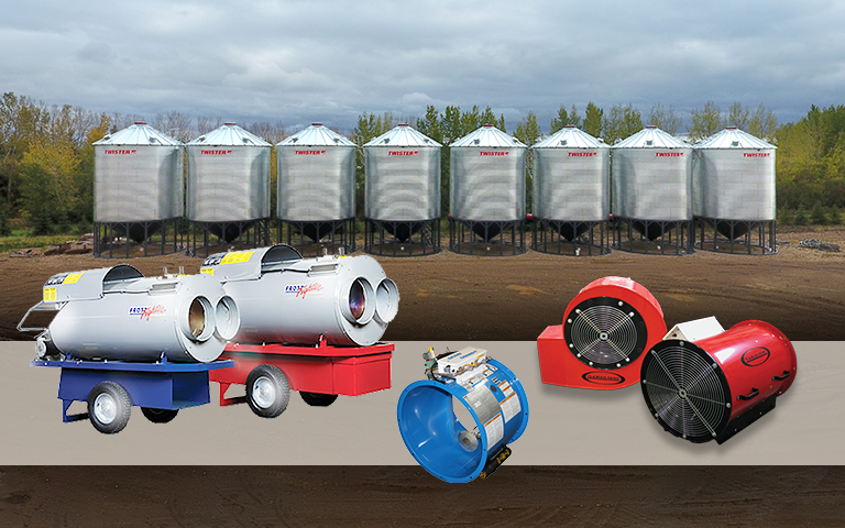 Image of portable heaters and Frost Fighters in front of Twister grain bins